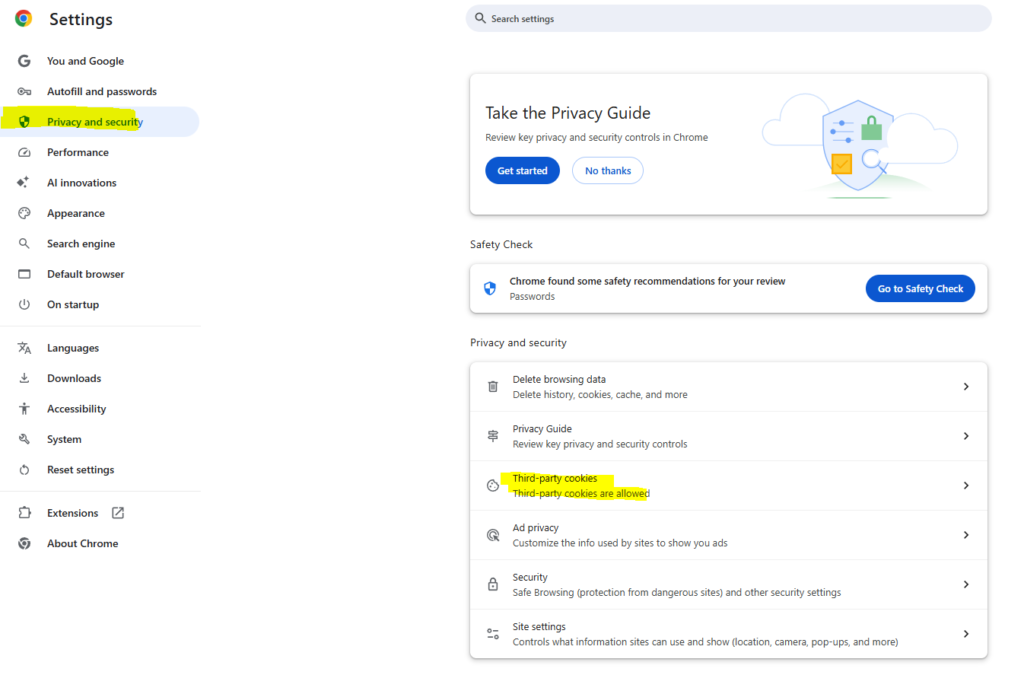 Go to Privacy and Security → Cookies and other site data