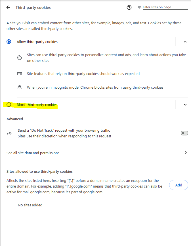 Select Block third-party cookies