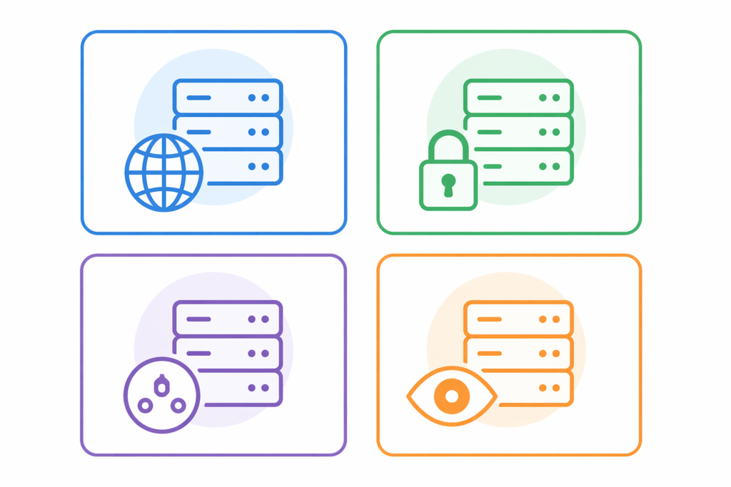 Different proxy server types illustrated including HTTP HTTPS SOCKS5 and transparent proxy icons