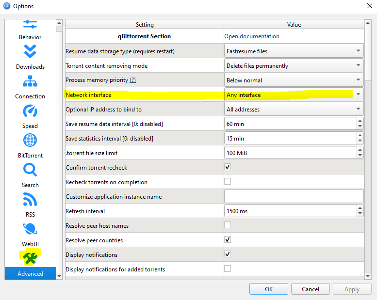 Locate the option labeled Network Interface.