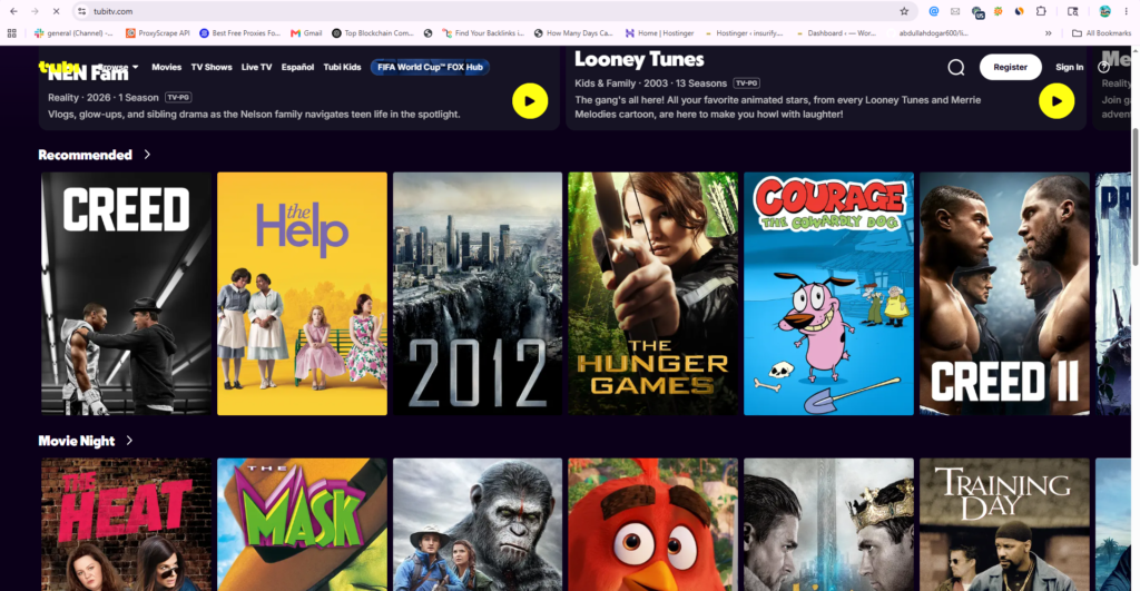 Tubi TV homepage