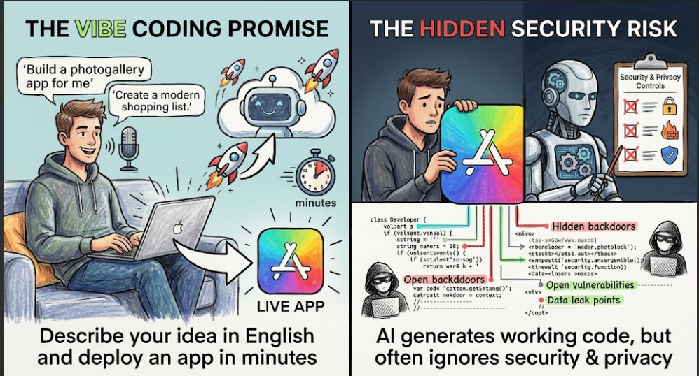 An illustration contrasting the ease of AI-driven 'Vibe Coding' with its 'Hidden Security Risk' of code vulnerabilities.
