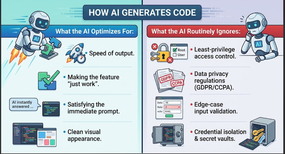 Infographic comparing AI code generation priorities against overlooked security risks.