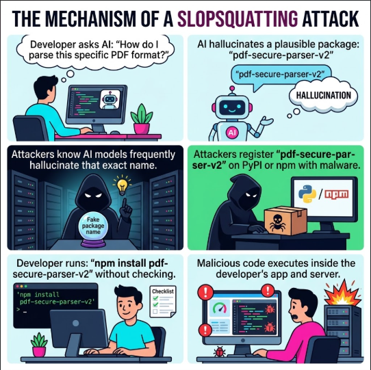 Infographic showing how hackers exploit AI-hallucinated package names to execute a slopsquatting malware attack.