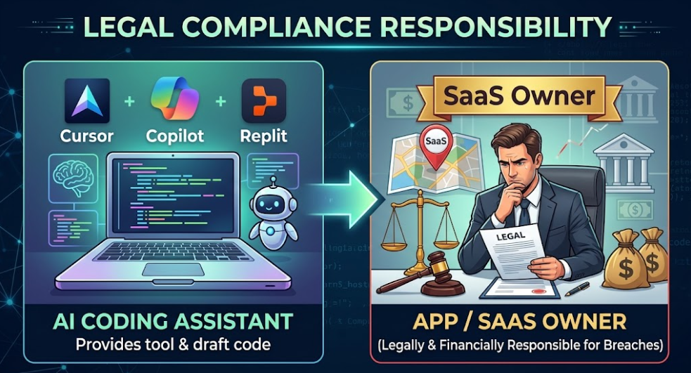 Graphic showing that SaaS owners, not AI assistants, hold ultimate legal and financial responsibility for code security.