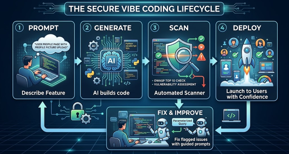 A four-stage lifecycle infographic detailing a secure AI coding process: 1. Prompting, 2. AI Code Generation, 3. Security Scanning, and 4. Secure Deployment, with a recursive "Fix & Improve" loop to ensure code integrity.