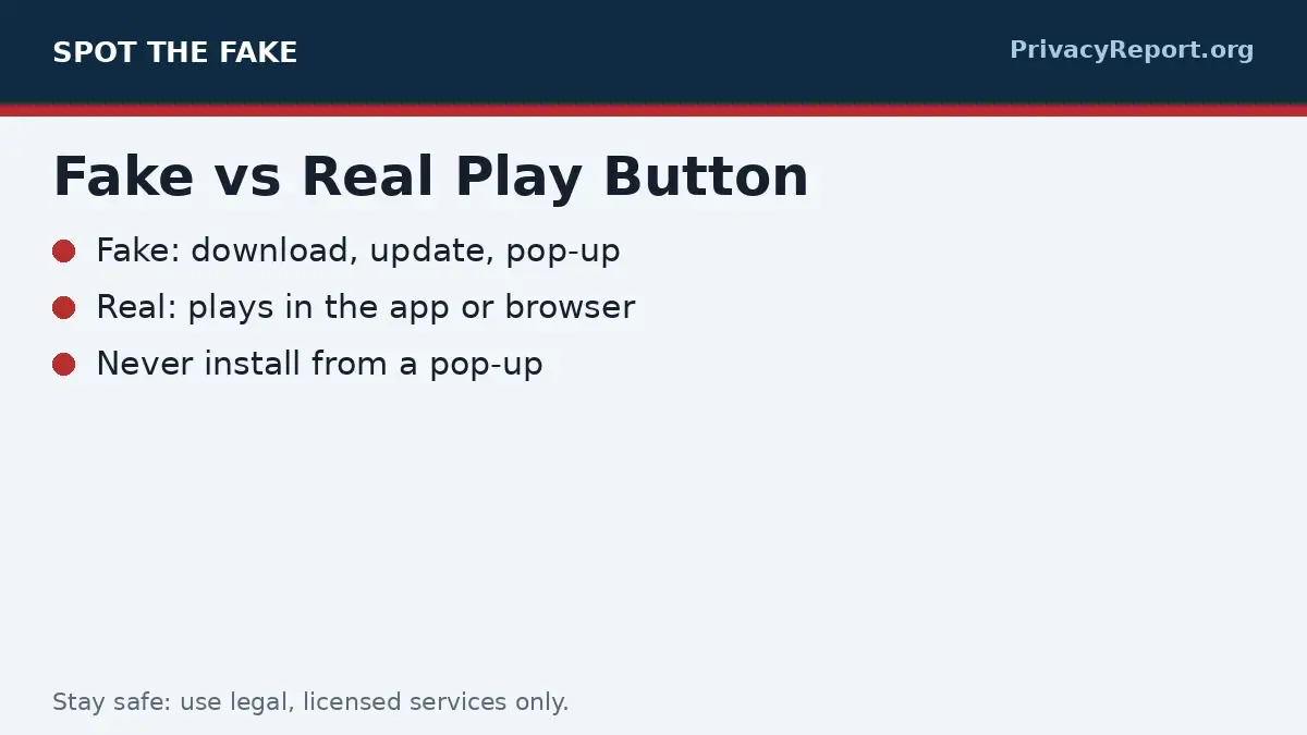 M4uFree fake play button warning graphic comparing fake and real buttons
